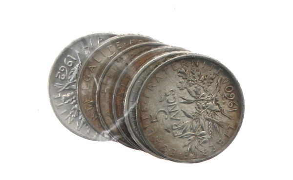 6 p. de 5 fr argent années 60, poids 71,
