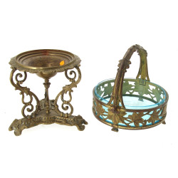 Coupe à fruits en laiton et verre bleu, 