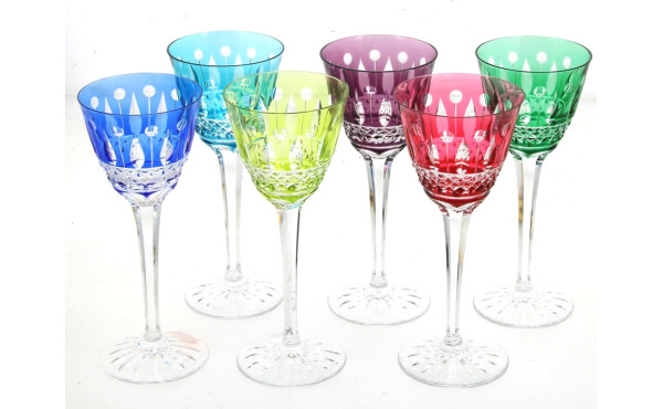 6 verres roemers en cristal de couleurs,