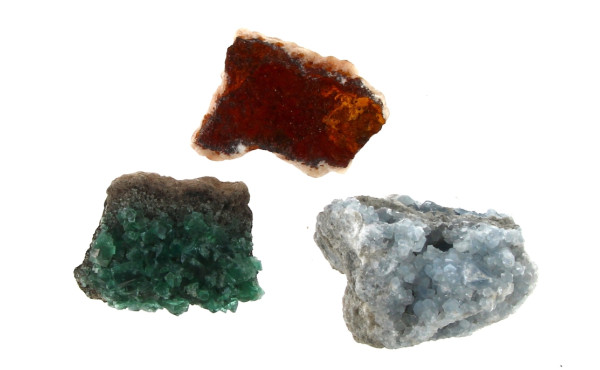 3 blocs de mineraux 9 à 13 cm (vert, ble