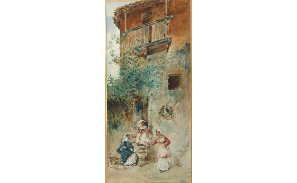 Ecole XIXème "En conversation", aquarell