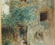 Ecole XIXème "En conversation", aquarell