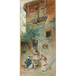 Ecole XIXème "En conversation", aquarell