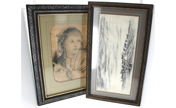 2 cadres en bois noirci: l'un à décor de