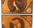 Deux panneaux en bois pyrogravé et peint