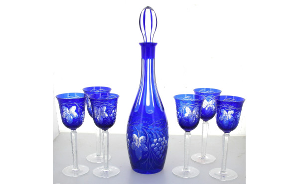 Service à vin en cristal bleu et transpa