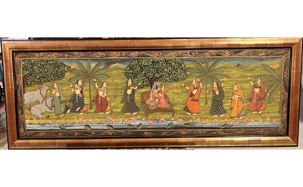 INDE - "Scène animée", peinture sur soie