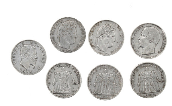 Lot de 7 pièces de 5 F écu XIXème (6 fra