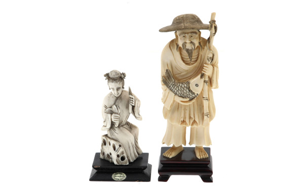 CHINE - 2 statuettes "Pêcheur" et "Femme