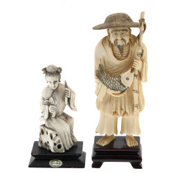 CHINE - 2 statuettes "Pêcheur" et "Femme