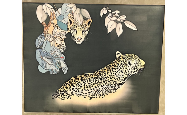"Panthères", soie peinte, 44 x 55 cm, en