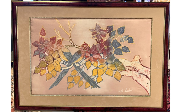 "Oiseaux branchés et fleurs", soie peint