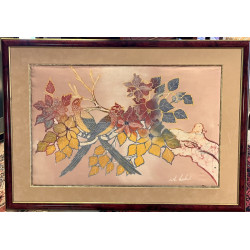 "Oiseaux branchés et fleurs", soie peint