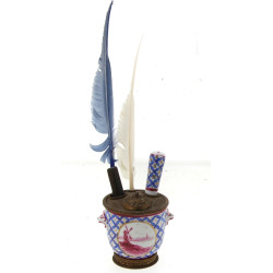 LIMOGES - Encrier en porcelaine et métal
